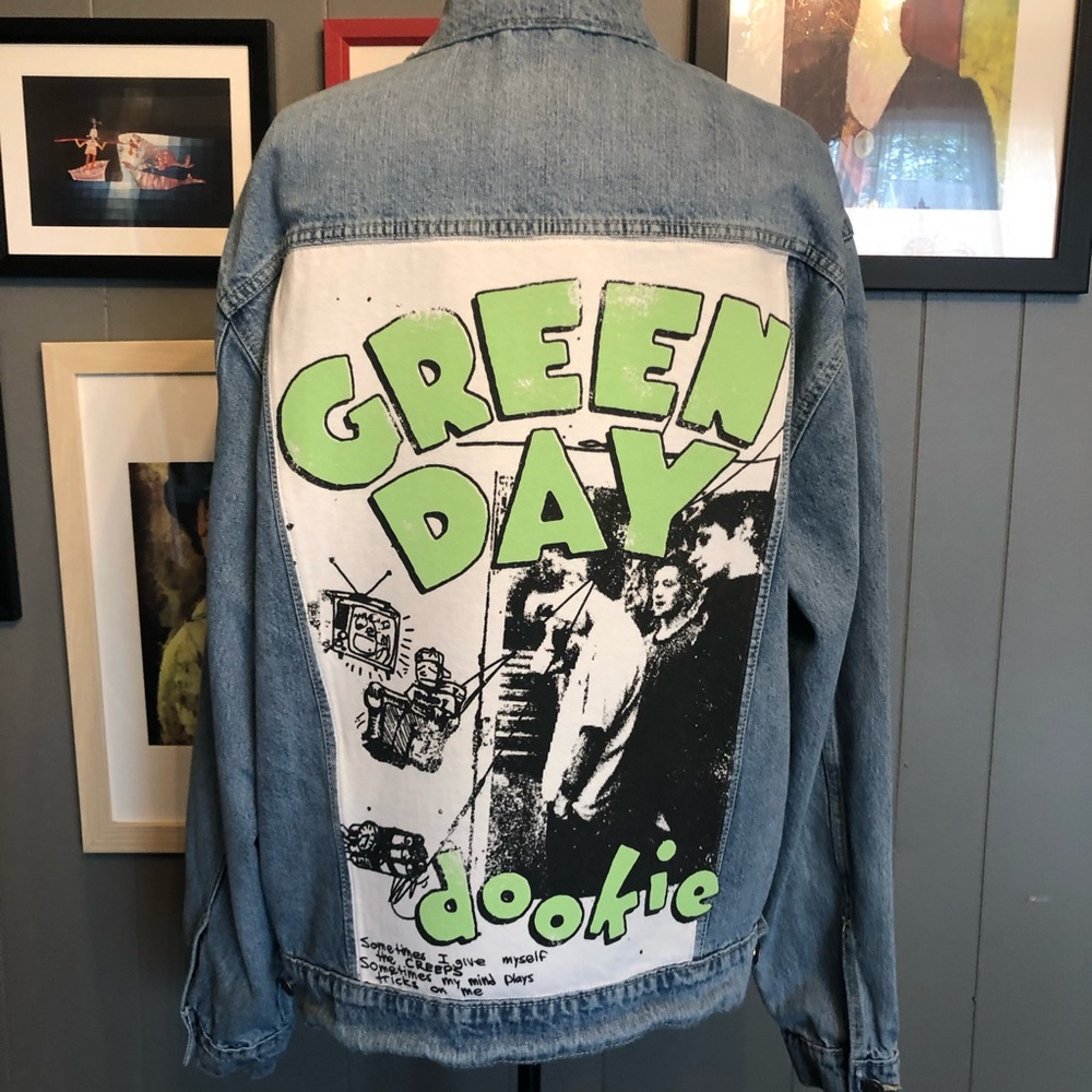 Up-Cycled Green Day Graphic Denim Jacket Men’s 2x